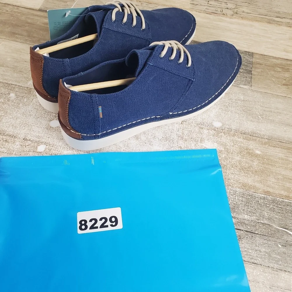 Toms Preston Mens Casual Shoes 8.5 Navy Washed Canvas Stitch Out Lace Up Sneaker